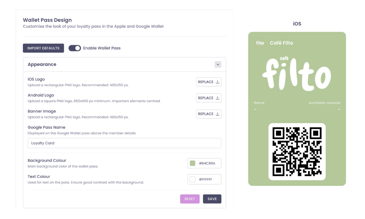Slerp Wallet Pass design and customisation interface