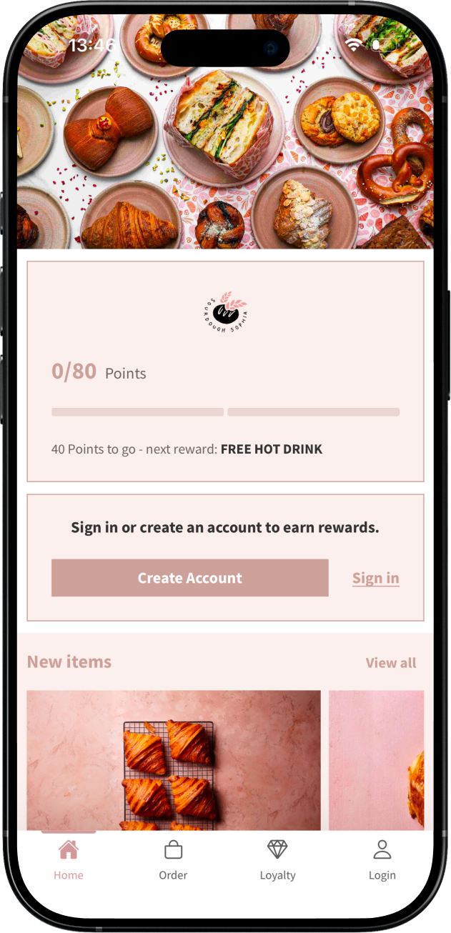 Sourdough Sophia bakery branded ordering app on iPhone