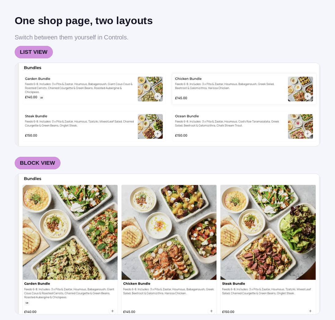 Choose your shop page layout in Controls: a compact list view or an image-led block view