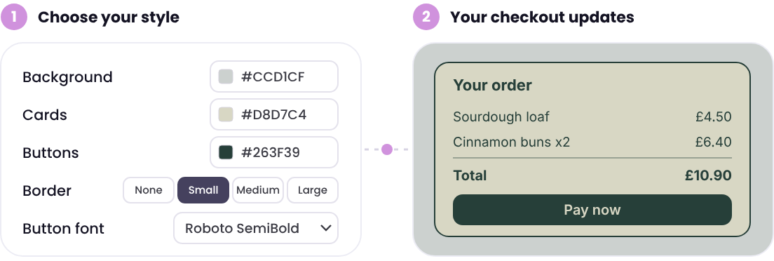 Choose your background, card and button colours, border weight and button font, and your web checkout updates to match
