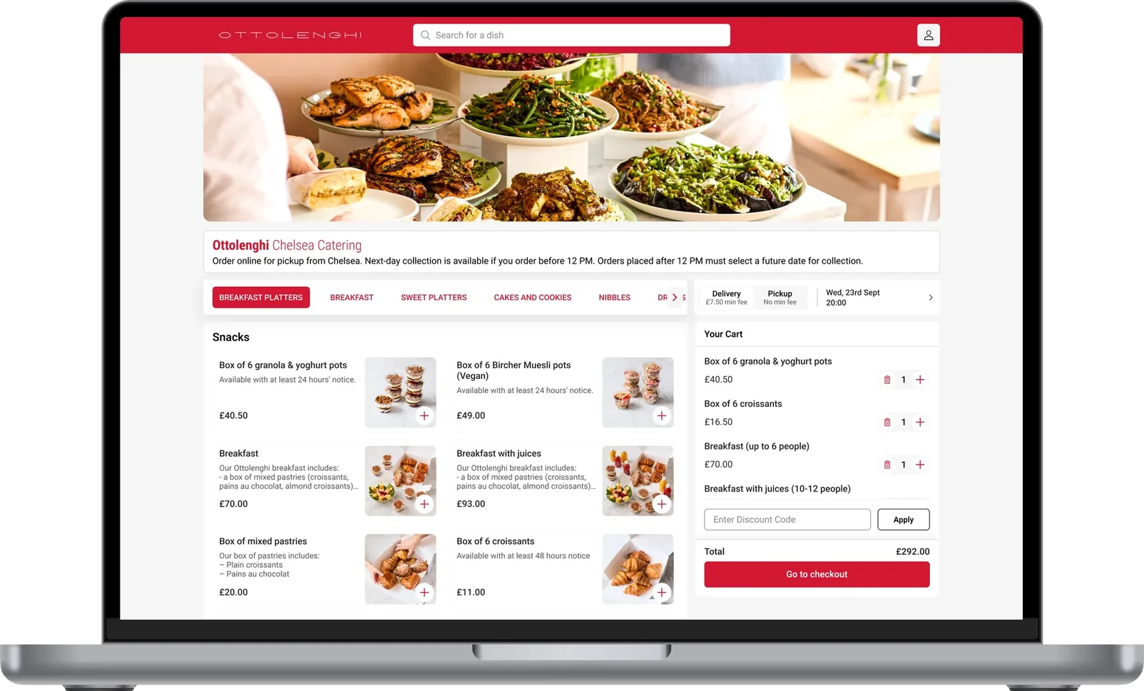 The Ottolenghi Chelsea catering storefront on a laptop, built on Slerp