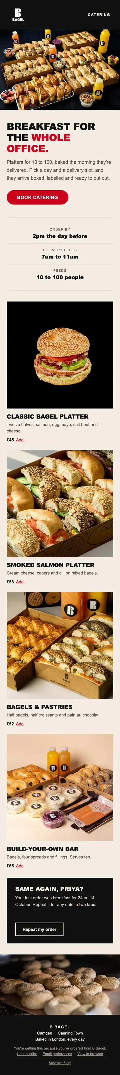 B Bagel catering email: office breakfast platters
