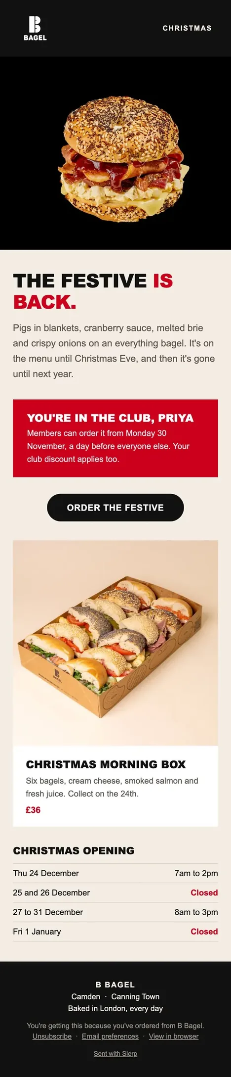 B Bagel Christmas email: the Festive Bagel is back