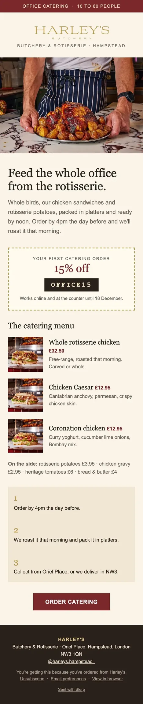 Harley’s catering email: lunch for the office from the rotisserie