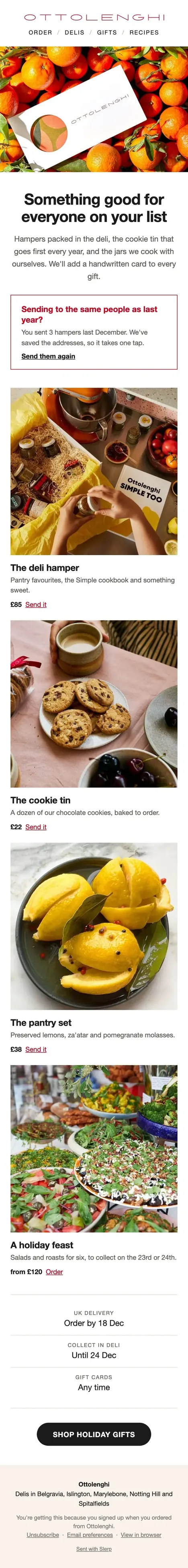 Ottolenghi holiday gifts email: hampers and cookie tins