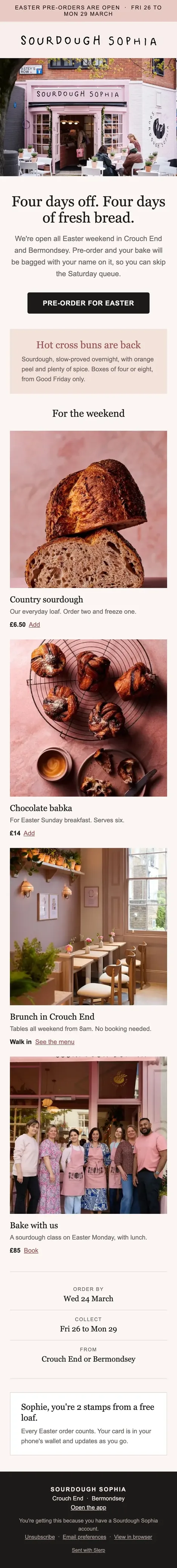 Sourdough Sophia Easter email: pre-order for the long weekend