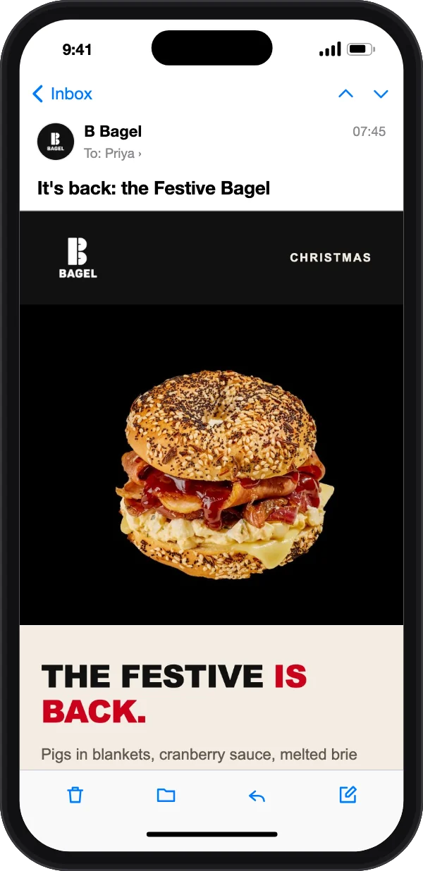 B Bagel’s Christmas email open in Mail on an iPhone: the Festive Bagel is back