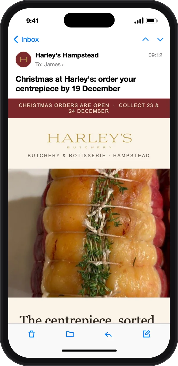 Harley’s Christmas email open in Mail on an iPhone: order your centrepiece by 19 December