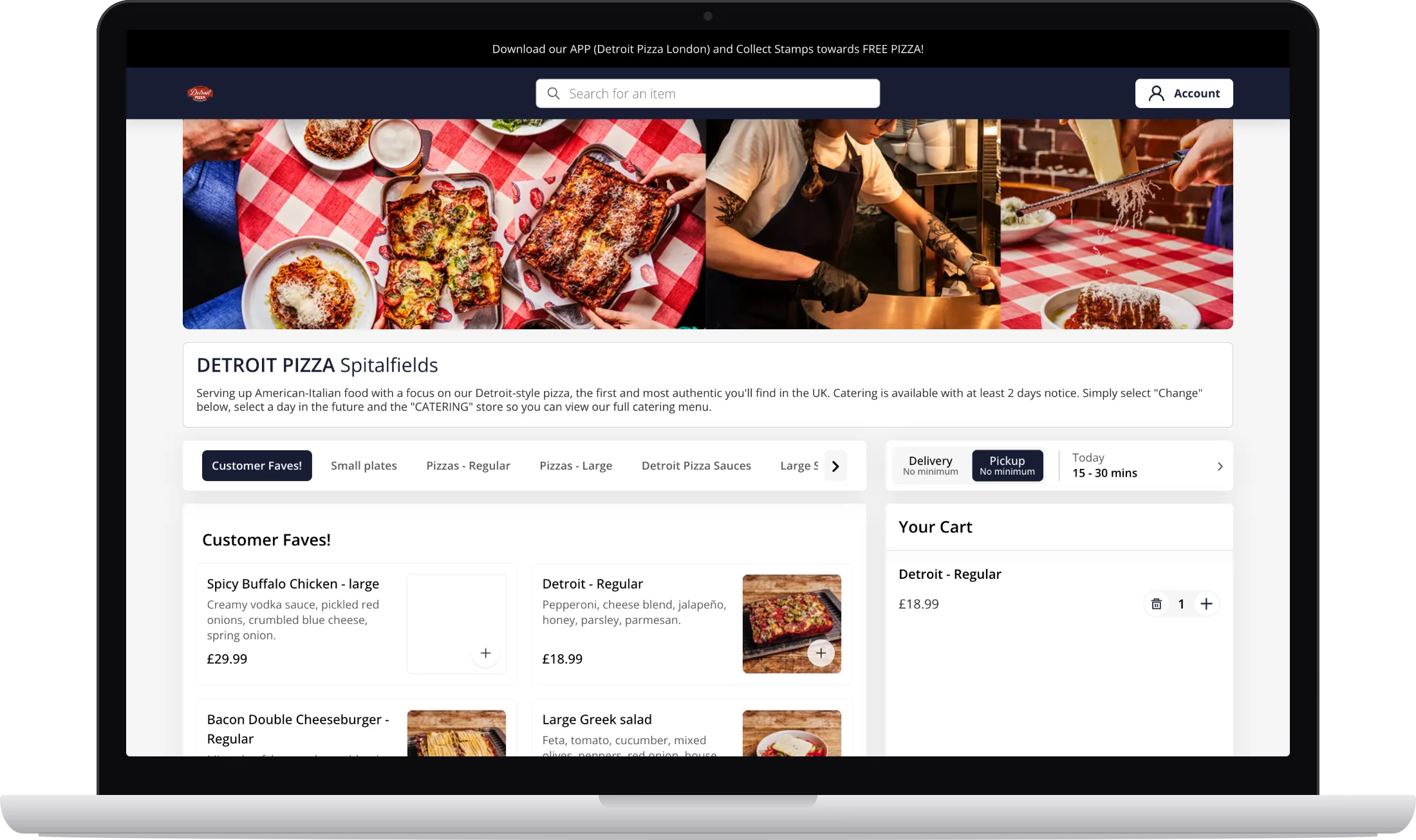 The Detroit Pizza ordering site on a laptop: square pizzas on red check tablecloths, the Spitalfields menu and the cart