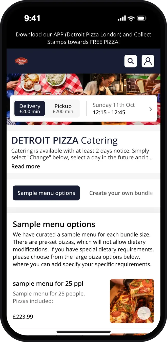 Detroit Pizza's catering store on a phone: a £200 minimum, two days' notice and sample menus for 25 people