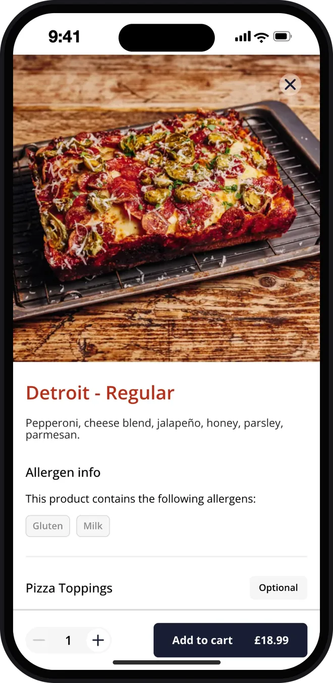 Detroit Pizza's Detroit Regular on a phone: pepperoni and jalapeño, allergens and add to cart at £18.99