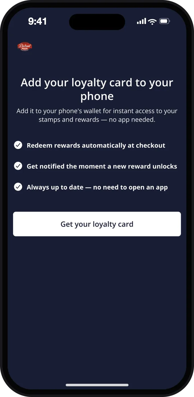 Detroit Pizza's loyalty page on a phone: add the loyalty card to your wallet, with rewards applied at checkout