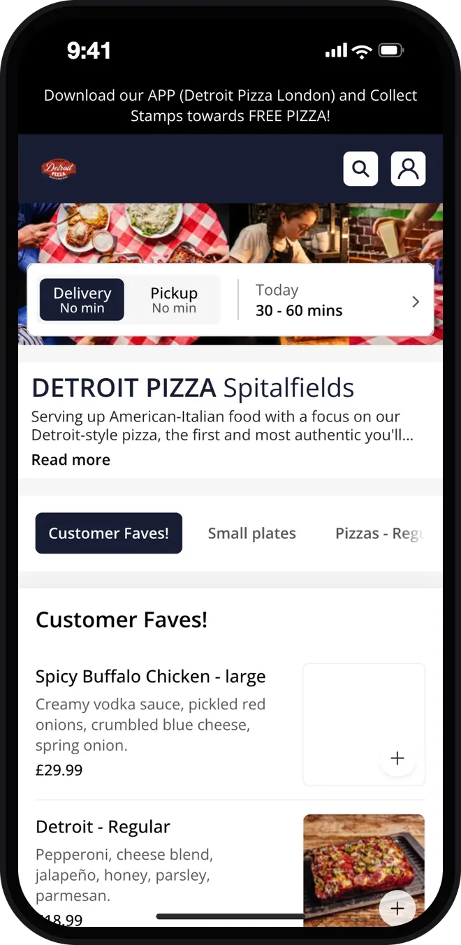 Detroit Pizza's Spitalfields store on a phone: an app stamps banner, delivery or pickup, and the Customer Faves menu