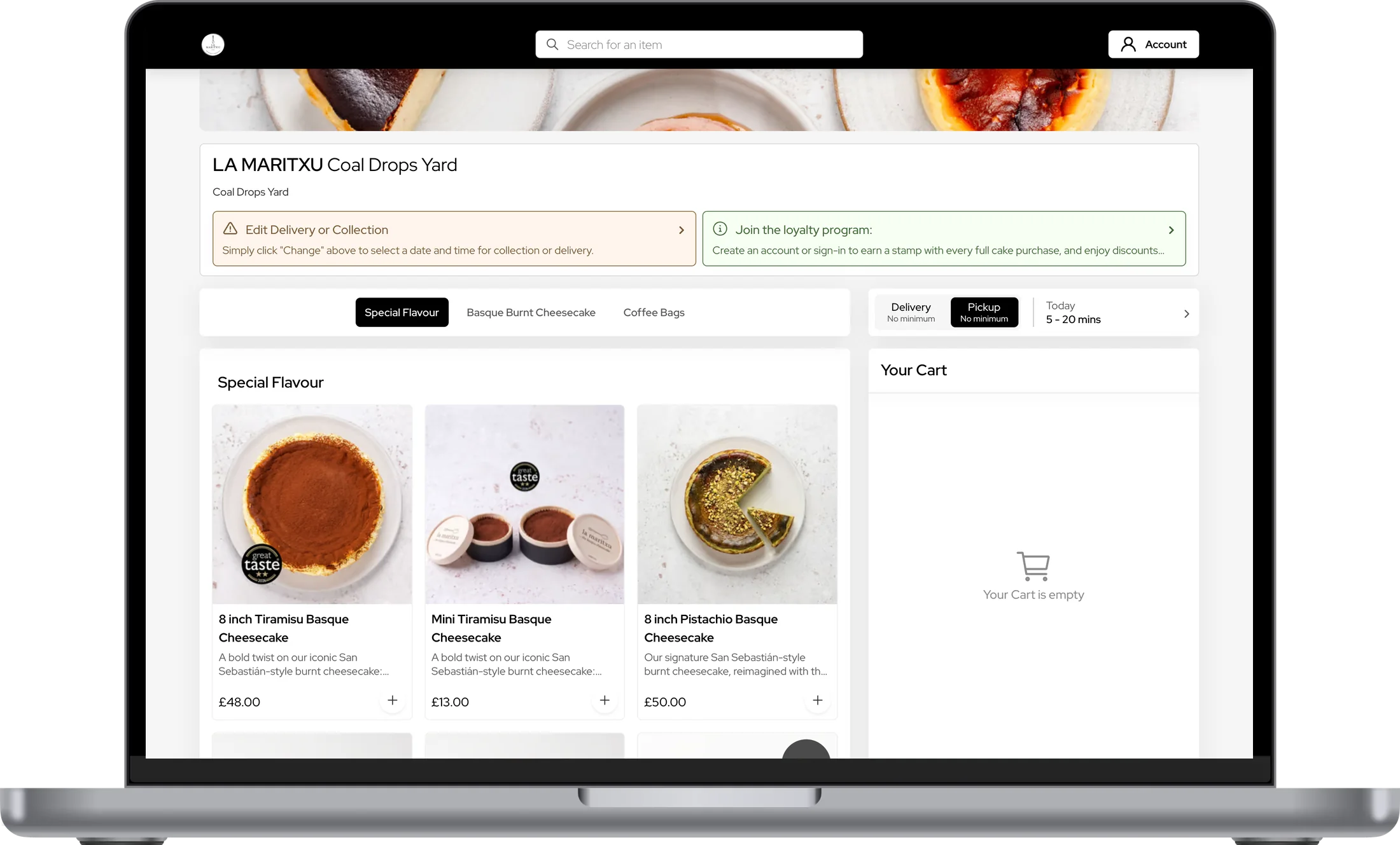 The La Maritxu ordering site on a laptop: the Coal Drops Yard store, flavour tabs, cheesecakes and the cart