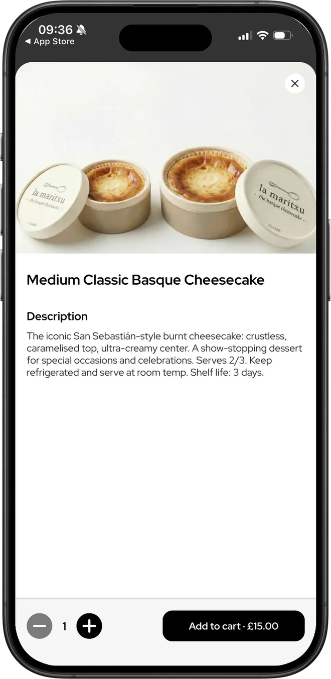 La Maritxu's Medium Classic Basque Cheesecake in their app, two cakes in branded boxes, at £15