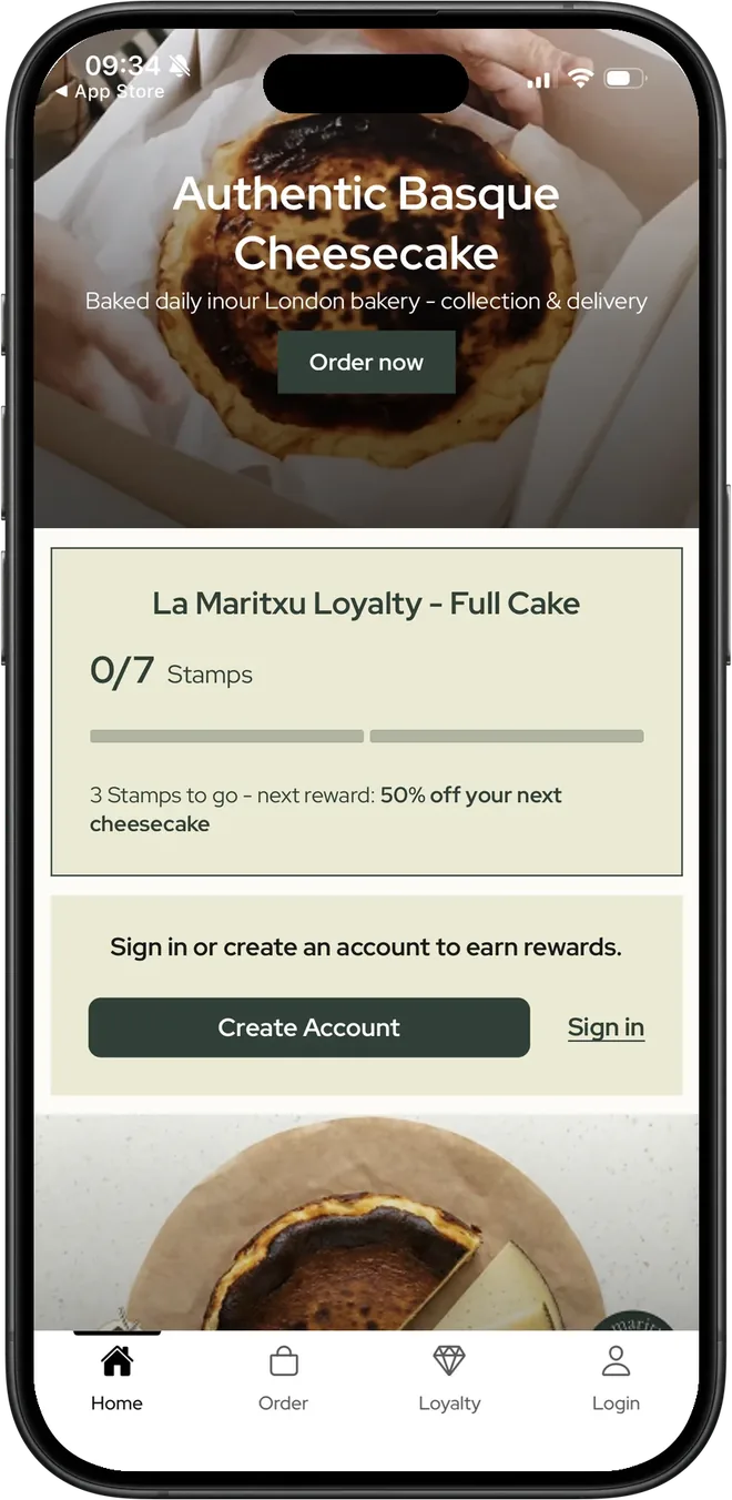 La Maritxu's app home: a burnt Basque cheesecake, an Order now button and the loyalty stamp card