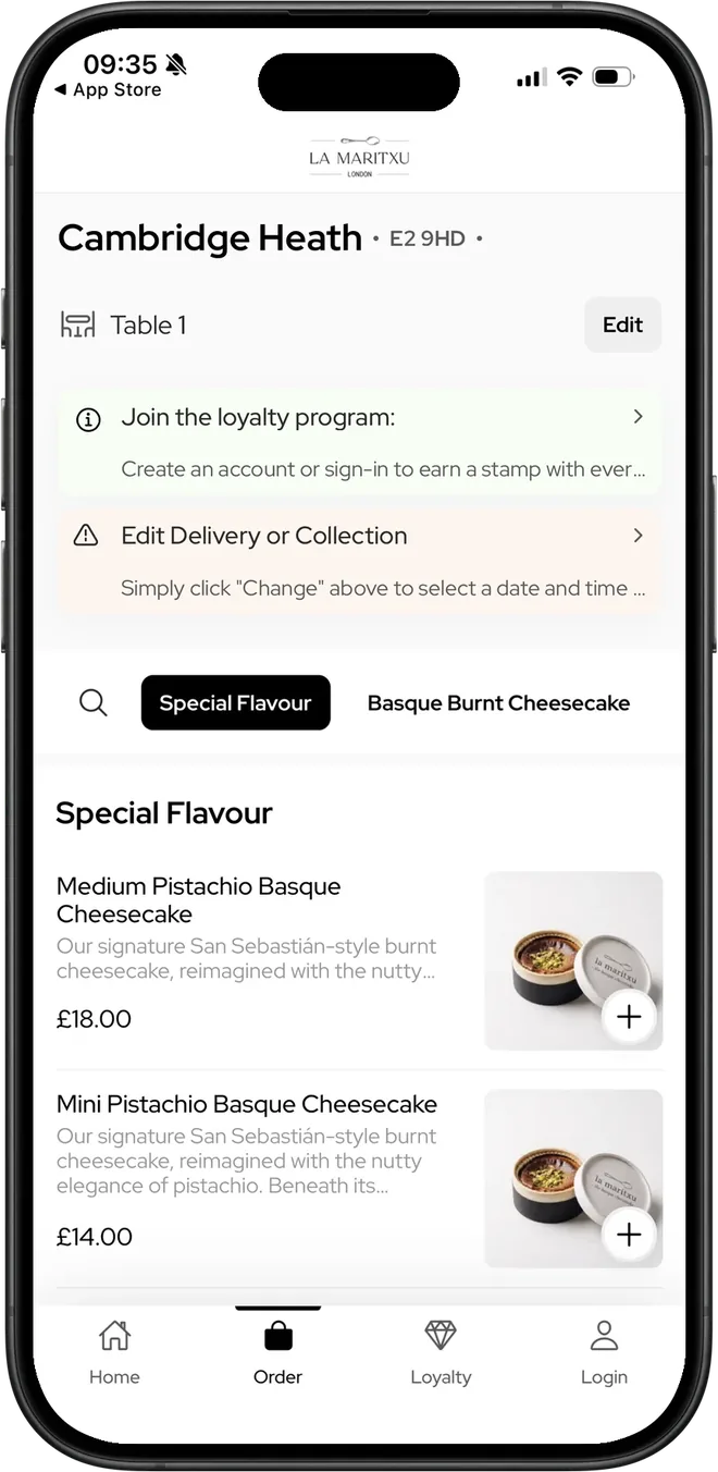 La Maritxu's app ordering for Table 1: a loyalty sign-up prompt and pistachio Basque cheesecakes