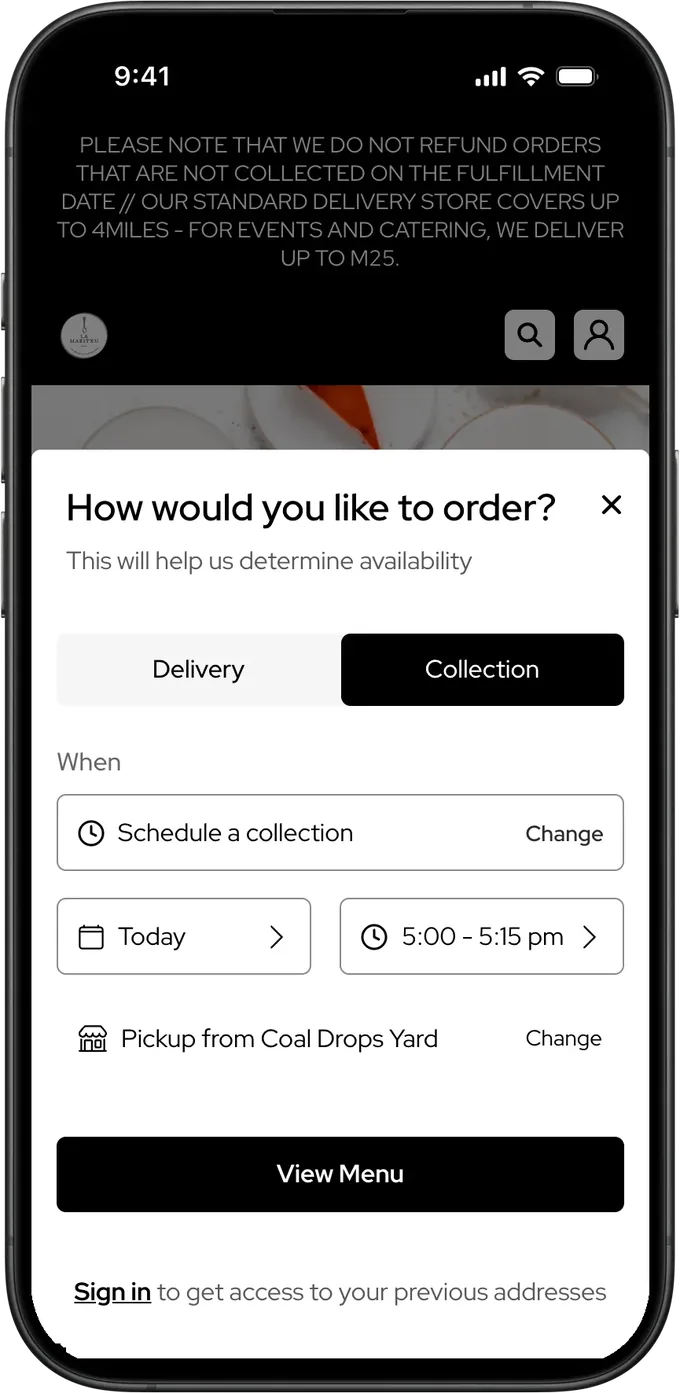 La Maritxu's order options: delivery or collection, and a scheduled collection from Coal Drops Yard