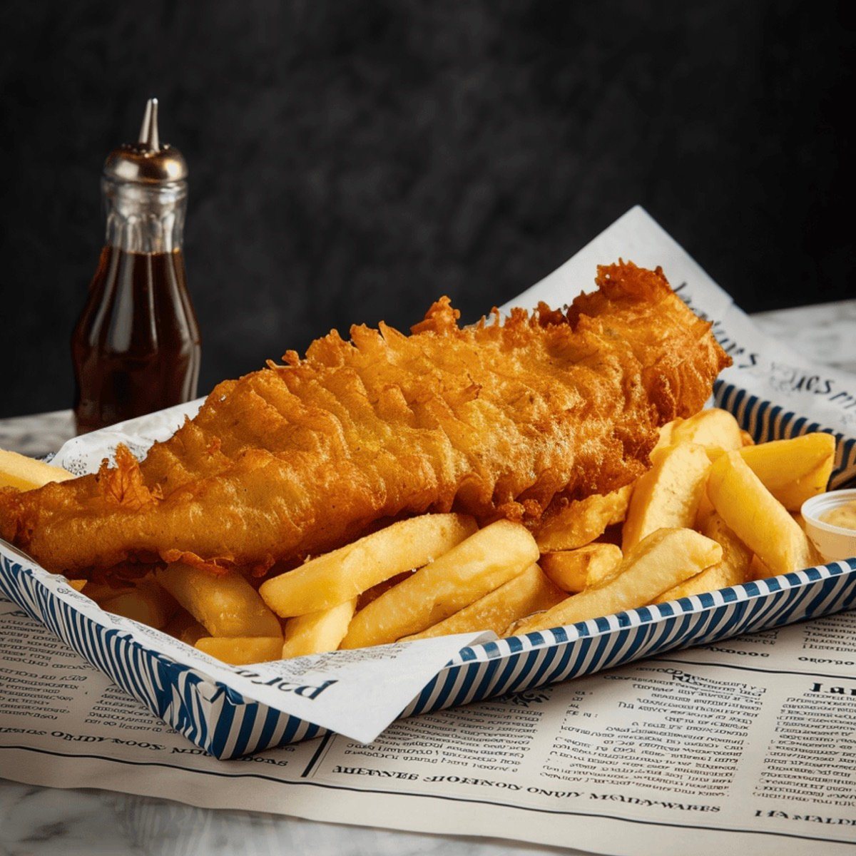 Golden battered fish and chips in a blue striped tray on newspaper, with a bottle of vinegar behind