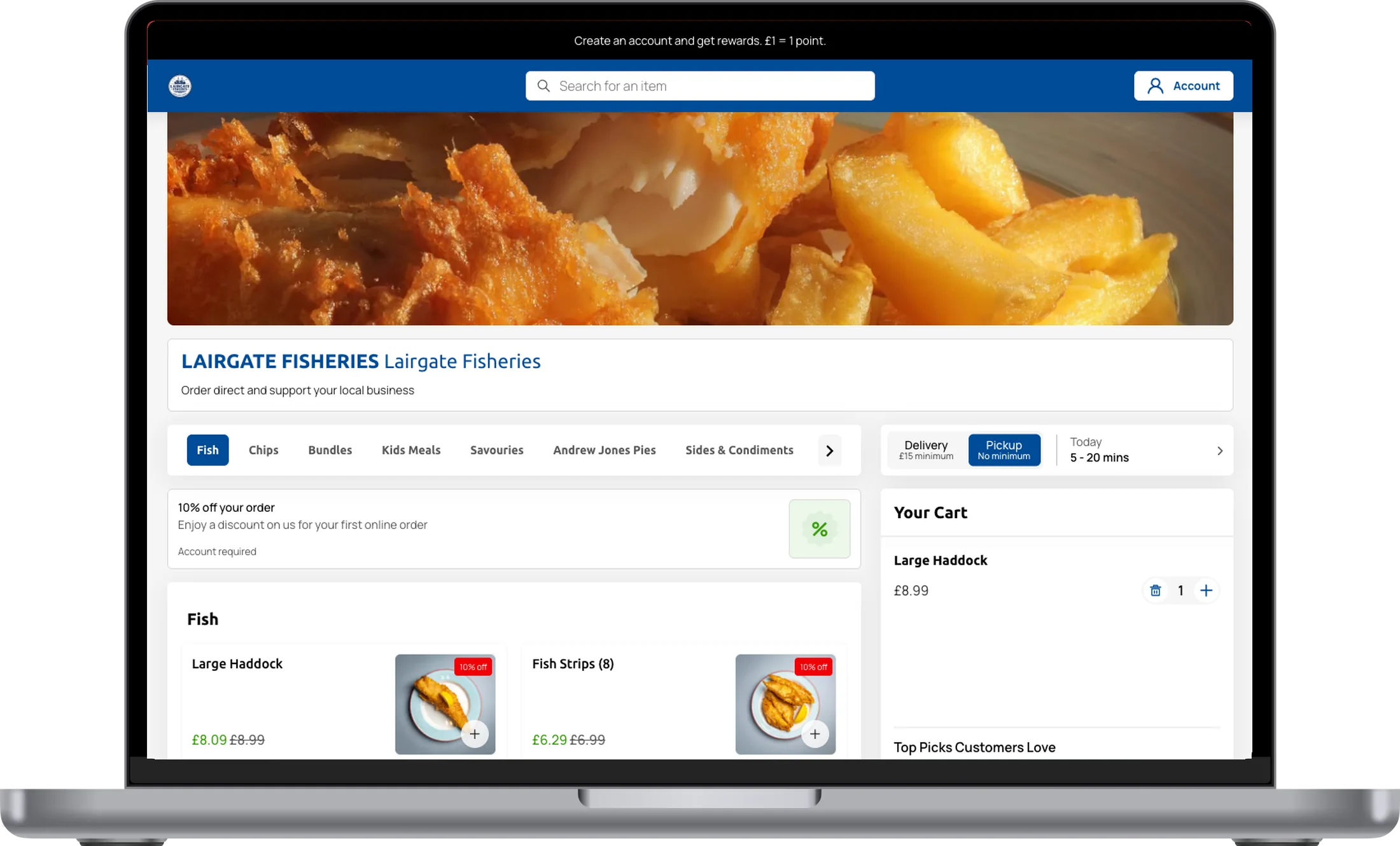 The Lairgate Fisheries ordering site on a laptop: battered fish and chips, the Fish menu and a Large Haddock in the cart
