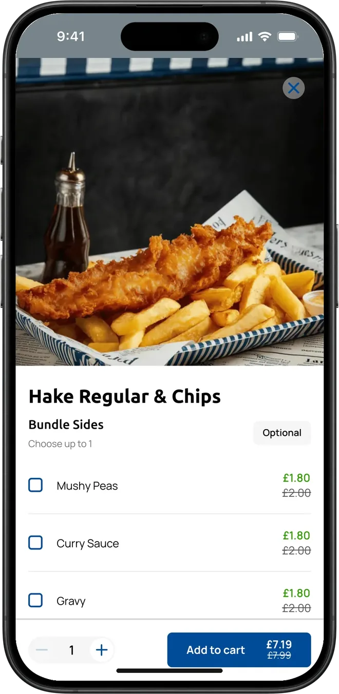 Hake and chips on a phone, with optional mushy peas, curry sauce and gravy, and add to cart at £7.19