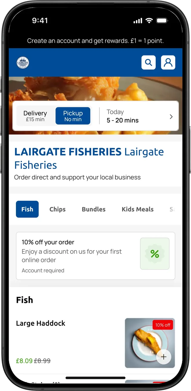 Lairgate Fisheries' store page on a phone: pickup in 5 to 20 minutes, and Large Haddock at £8.09