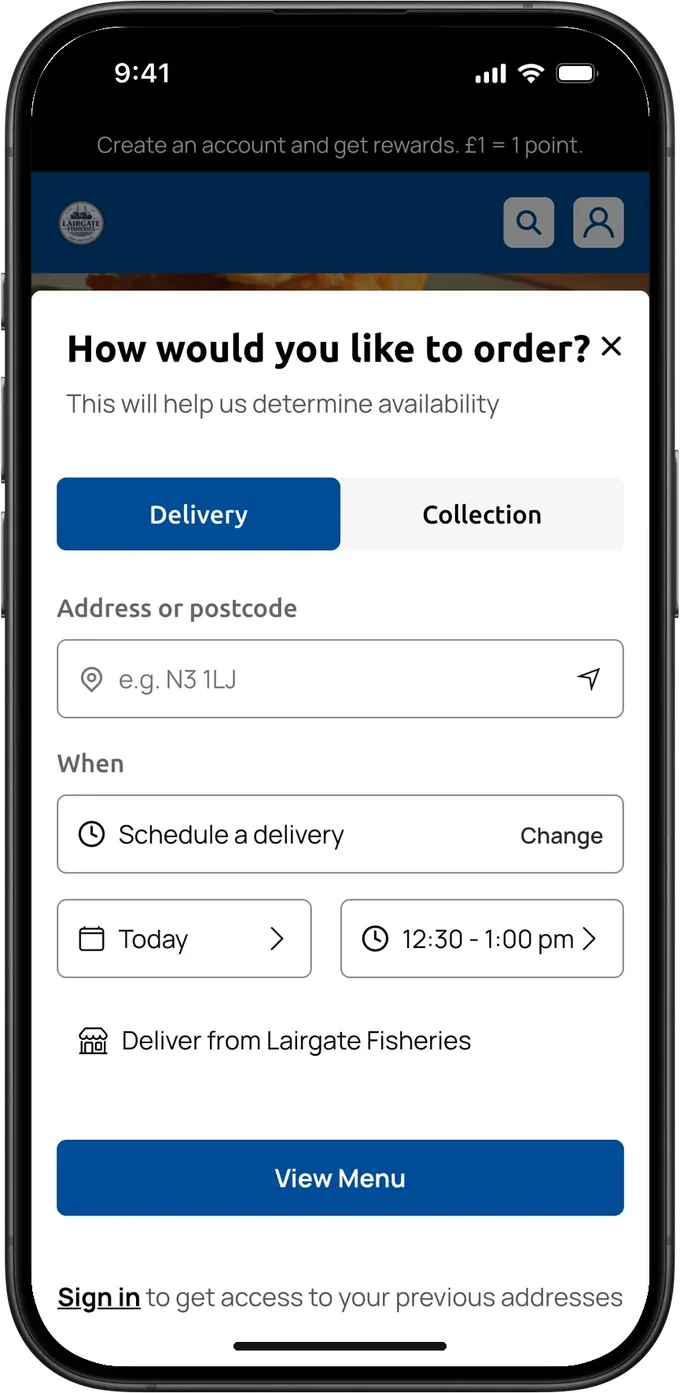Lairgate Fisheries' order screen: delivery or collection, and a delivery scheduled for 12:30 to 1:00pm today