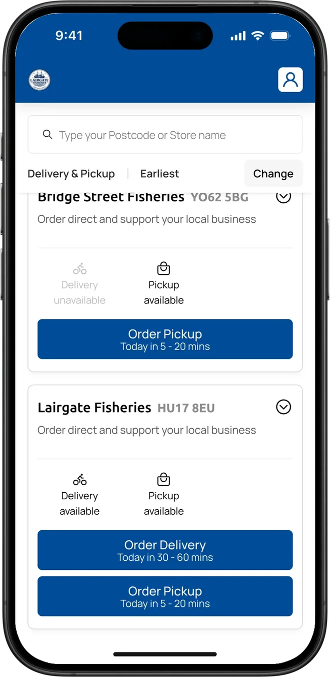 Lairgate & Bridge Street Fisheries' ordering site on a phone, listing both shops with delivery and pickup