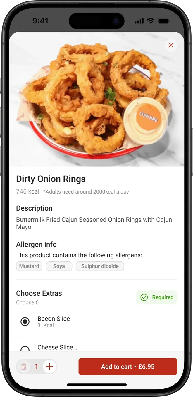 Poor Boys dish page for Dirty Onion Rings: large photo, calories, allergens, extras and an add to cart button