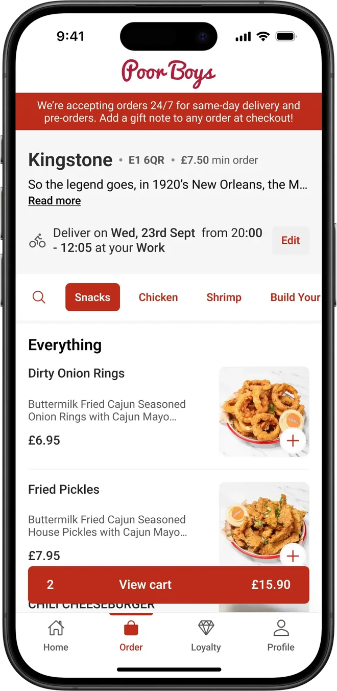 Poor Boys app menu: a banner about 24/7 ordering, the Kingston store with delivery time, category tabs and the snacks list