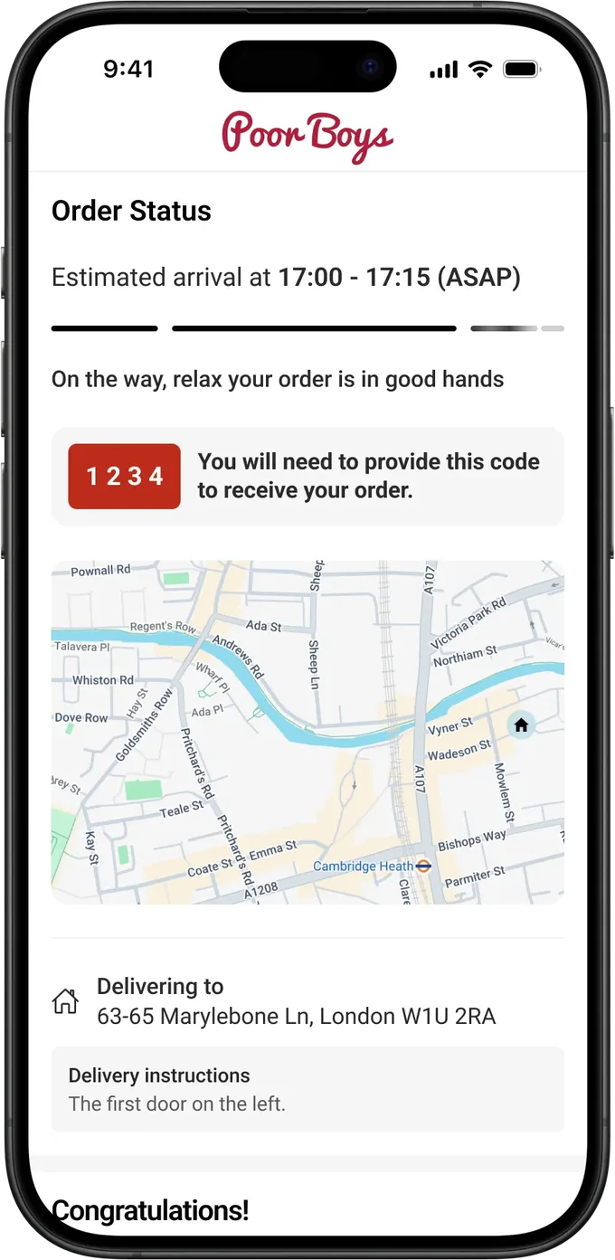 Poor Boys order status screen: estimated arrival, a handover code, a live map and the delivery address
