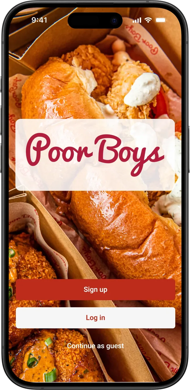 Poor Boys app welcome screen: the script logo over a photo of po' boys, with sign up, log in and guest buttons