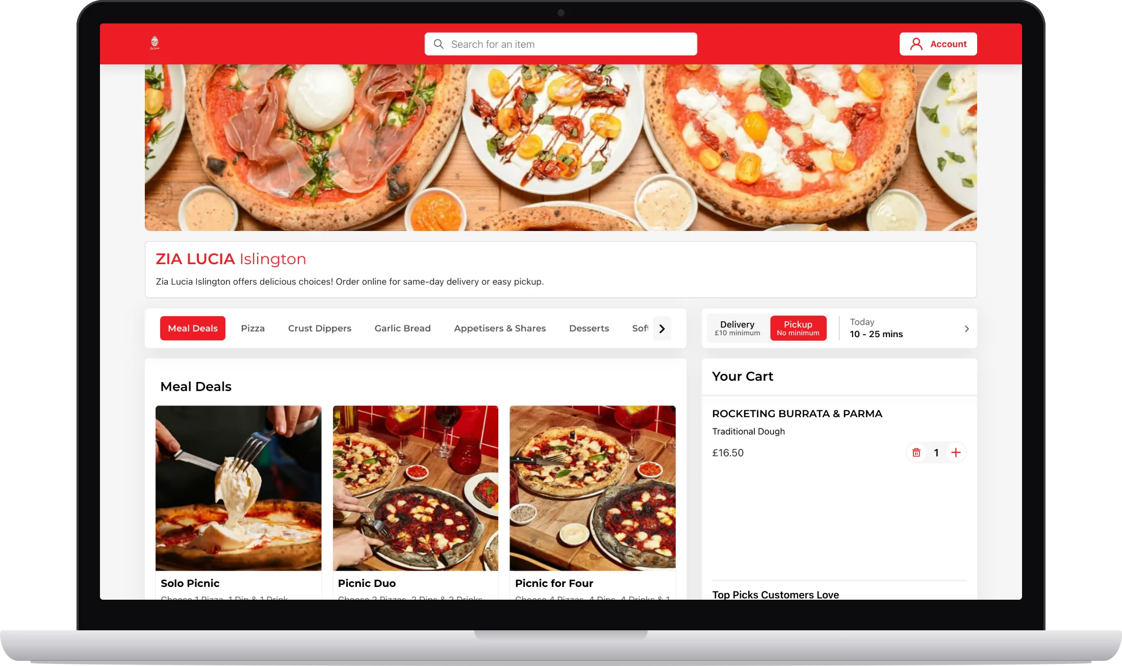 The Zia Lucia ordering site on a laptop: the Islington store's meal deals, with a Rocketing Burrata & Parma in the cart