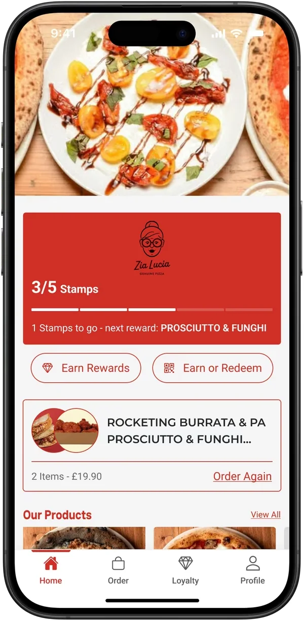 Zia Lucia's app: a red loyalty card at 3 of 5 stamps, and the last order with an Order Again link
