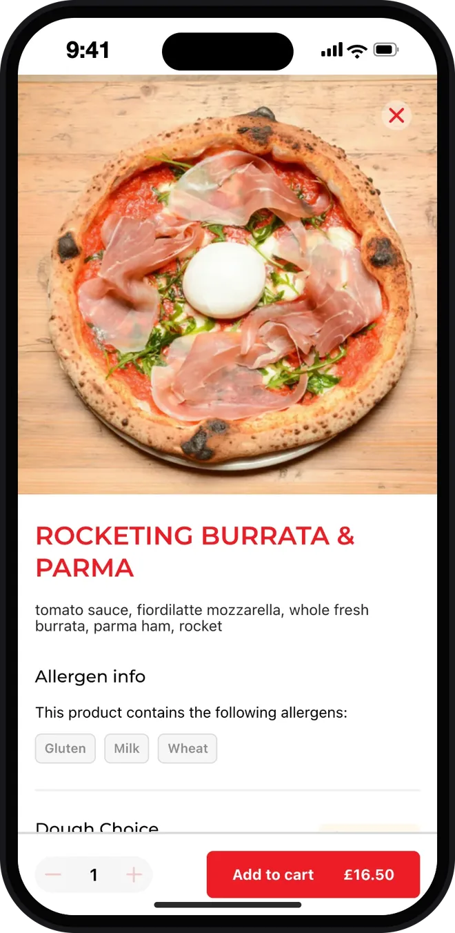 Zia Lucia's dish page for the Rocketing Burrata & Parma: a big photo, the toppings, the allergens and add to cart at £16.50