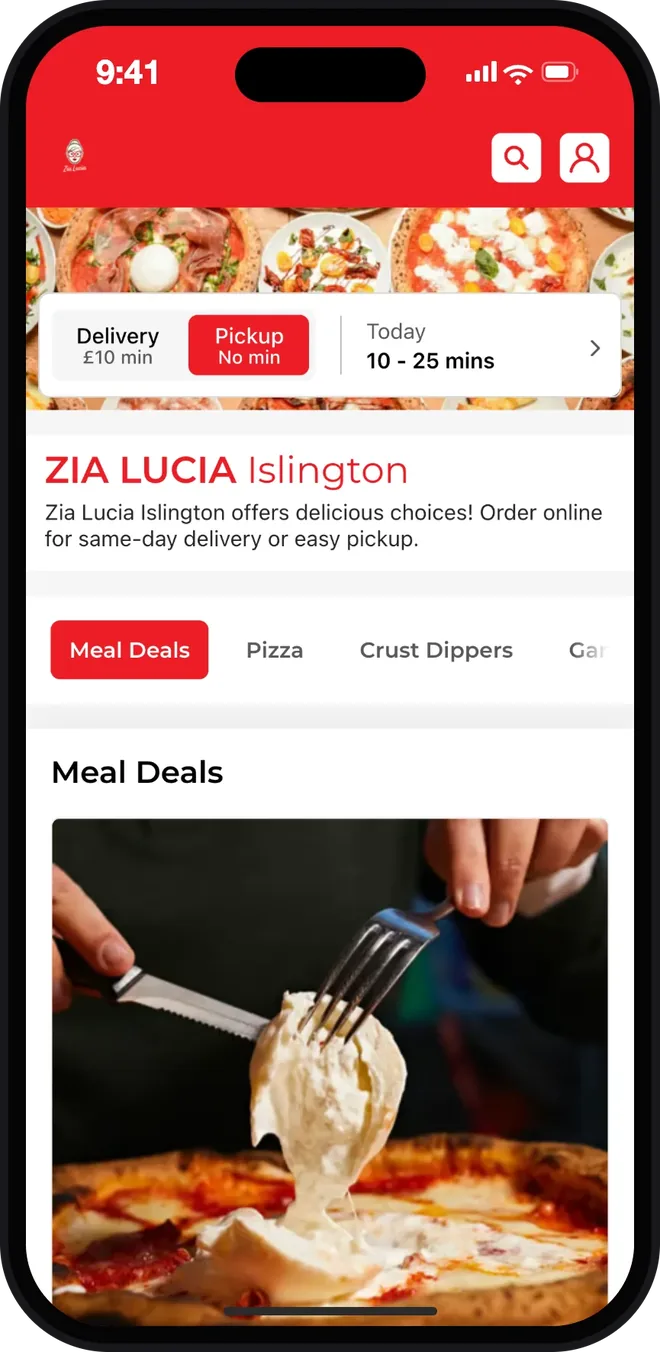 Zia Lucia's Islington store page on a phone: delivery with a £10 minimum or pickup, and the meal deals