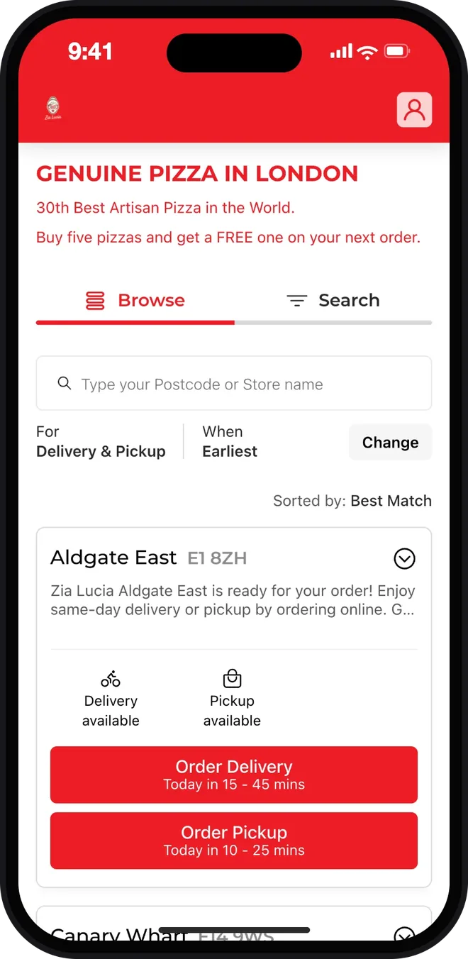 Zia Lucia's ordering site on a phone: five pizzas earn a free one, and the Aldgate East pizzeria's order buttons