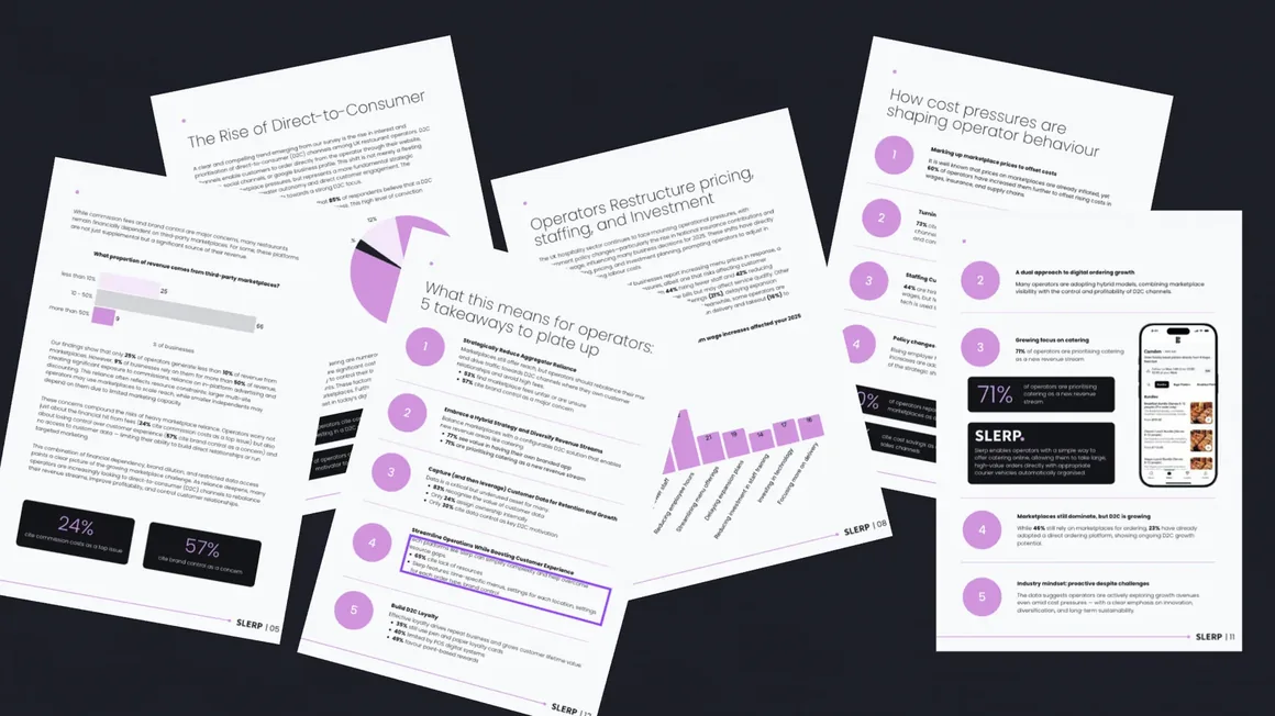 Pages from the State of D2C in Hospitality 2025 report, with charts on direct-to-consumer ordering and cost pressures