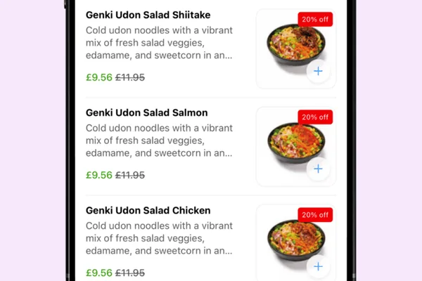 Menu items on a Slerp shop with 20% off stickers and the original price struck through