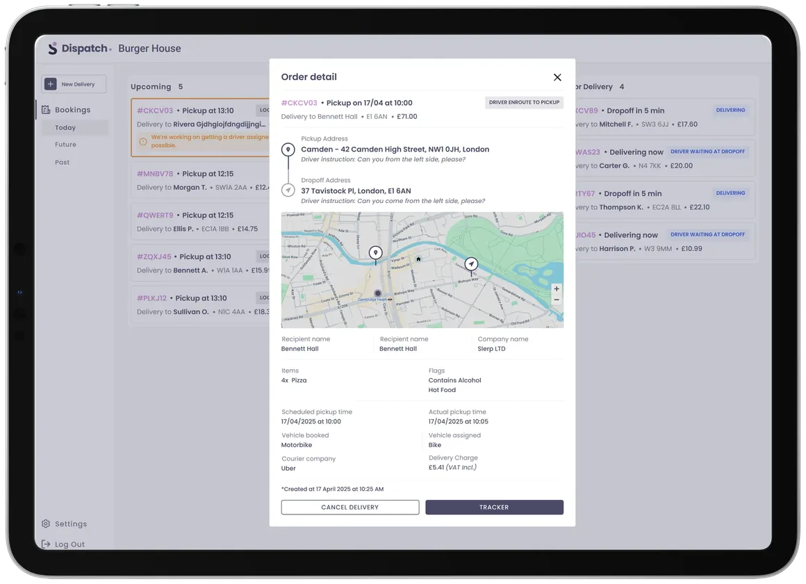 Upcoming bookings in Slerp Dispatch with one order’s pick-up, drop-off and route details open