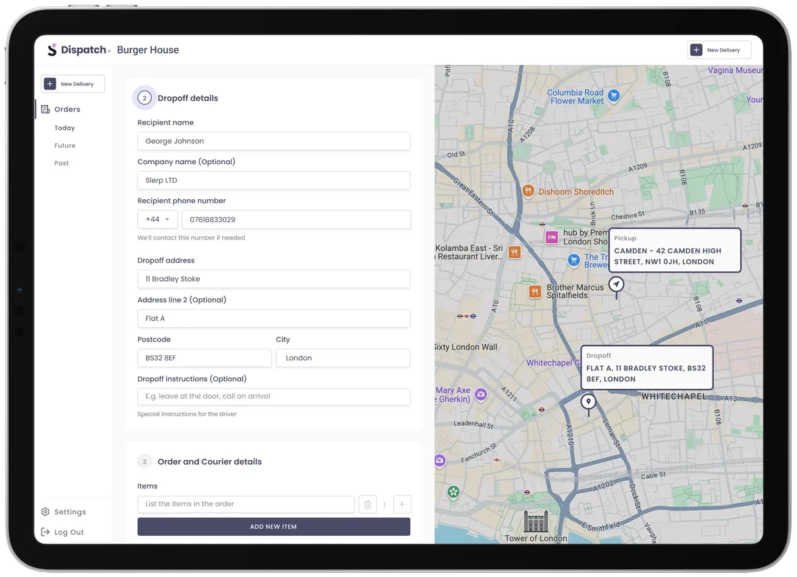 Creating a new delivery in Slerp Dispatch, with recipient and drop-off details beside a map of the route