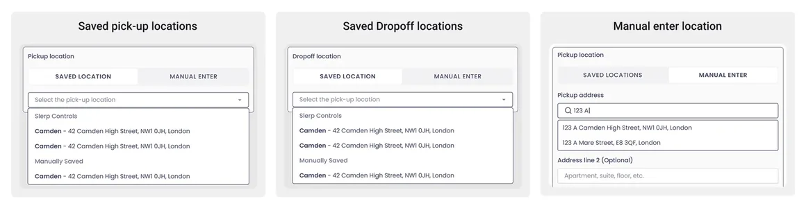Saved pick-up locations, saved drop-off locations and manual address entry in Dispatch Self-Serve