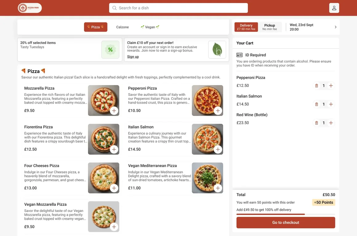 A Slerp shop page with the cart open beside the menu, showing the points the order will earn