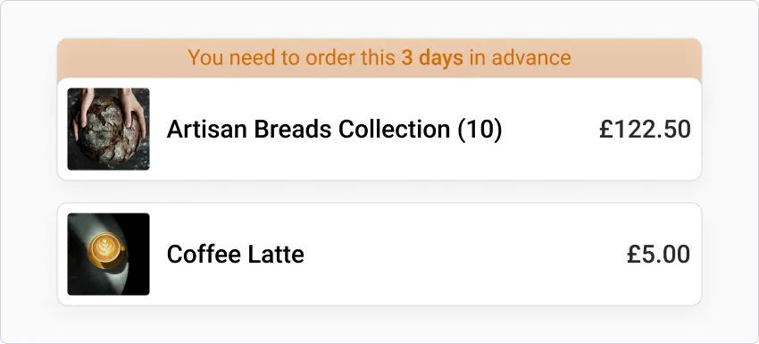 A cart telling the customer an Artisan Breads Collection needs to be ordered 3 days in advance