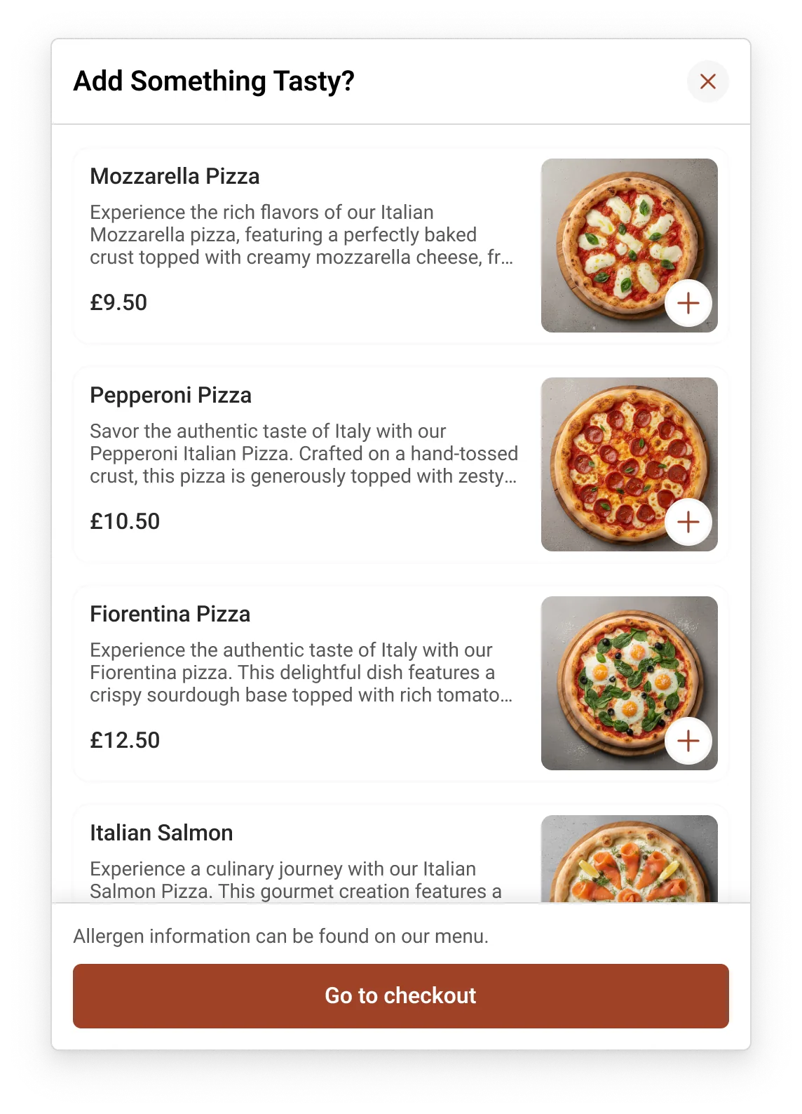 An Add Something Tasty? panel suggesting pizzas to add before going to checkout