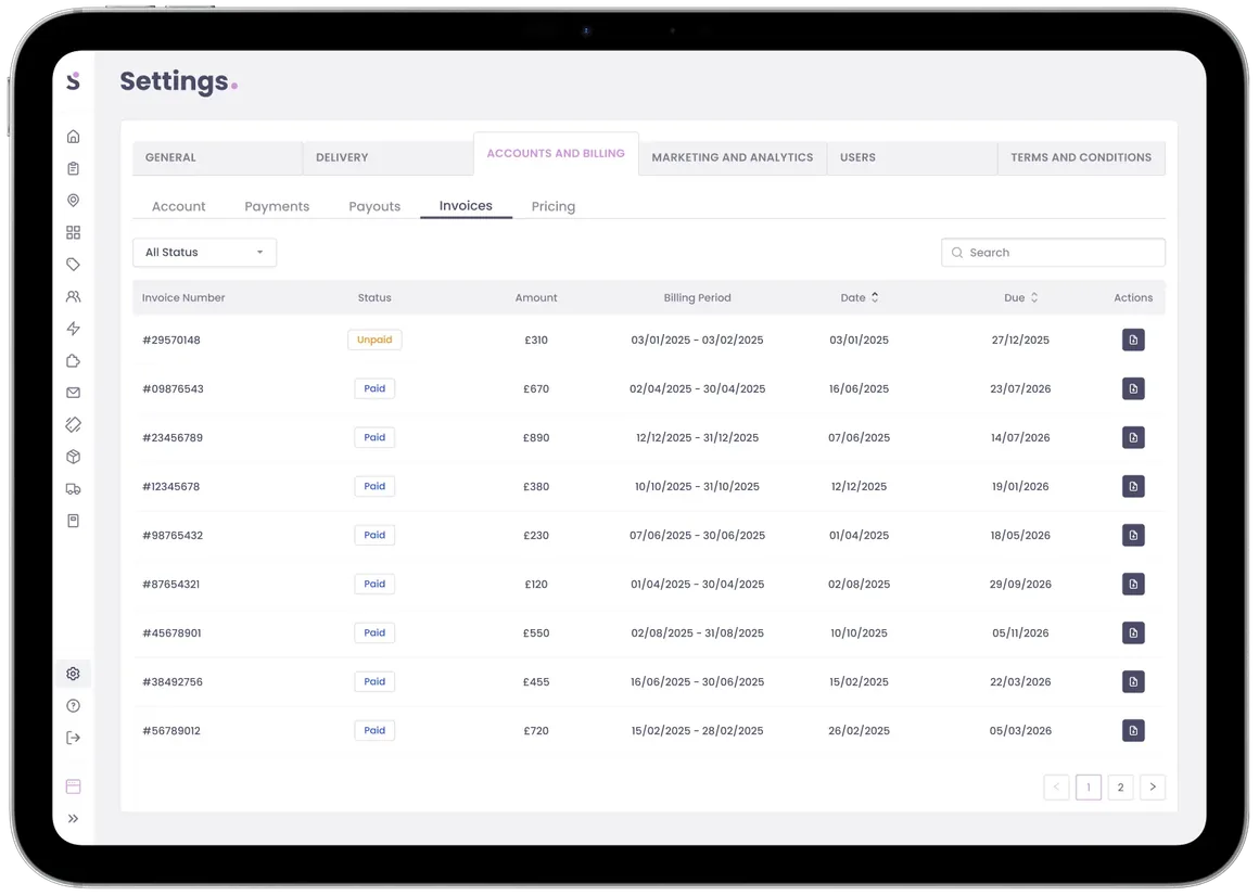 The Invoices tab in Slerp Controls settings on a tablet, listing invoices with their status, amount and dates