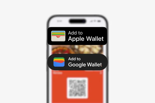 Add to Apple Wallet and Add to Google Wallet buttons over a loyalty card with a QR code