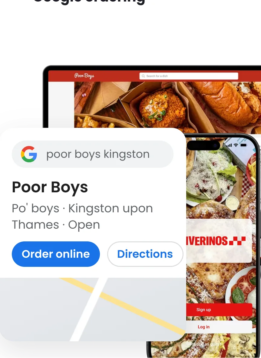 Poor Boys' ordering website on a laptop, Civerinos' app on a phone and a Google result with an Order online button