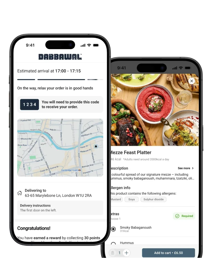 Live delivery tracking in Dabbawal's app, and a mezze platter in Provenance Butcher's app