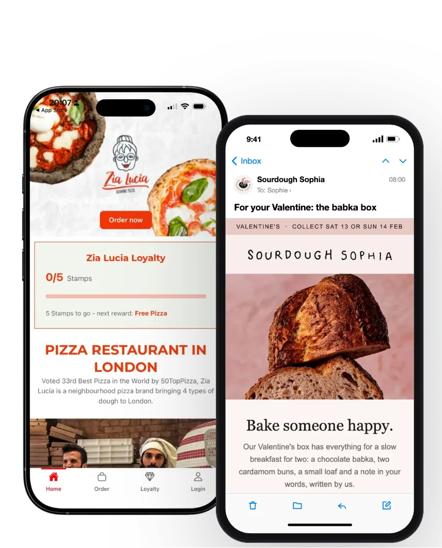 Zia Lucia's loyalty stamps in their app, and Sourdough Sophia's Valentine's email on a phone